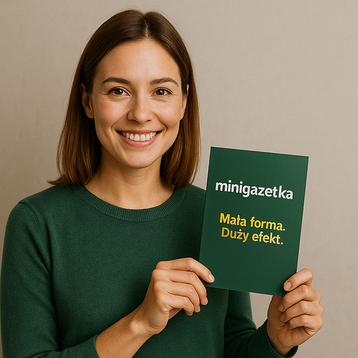 Uśmiechnięta osoba trzyma lokalną minigazetkę — zapraszamy do wyceny